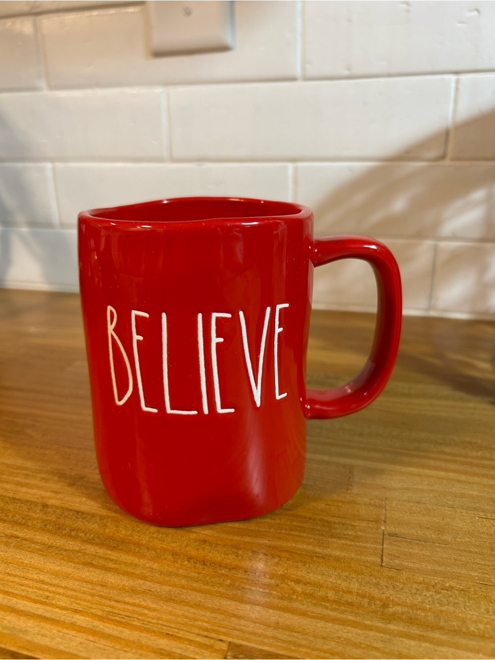 Rae Dunn Red 'BELIEVE' Ceramic Mug